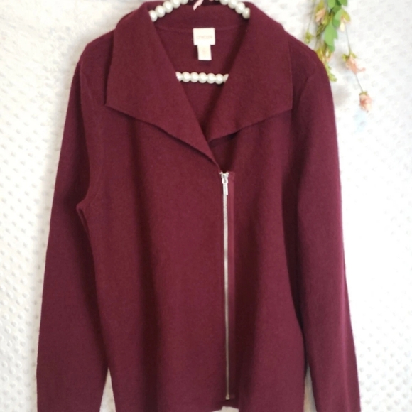 Chicos 2 100% Boiled Wool Asymmetric Zip Burgundy Sweater Jacket XL - Picture 5 of 8